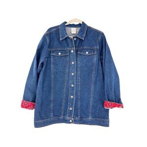 Denim Jean Jacket‎ M Red Paisley Cuffs Button Front 100% Cotton Western Retro